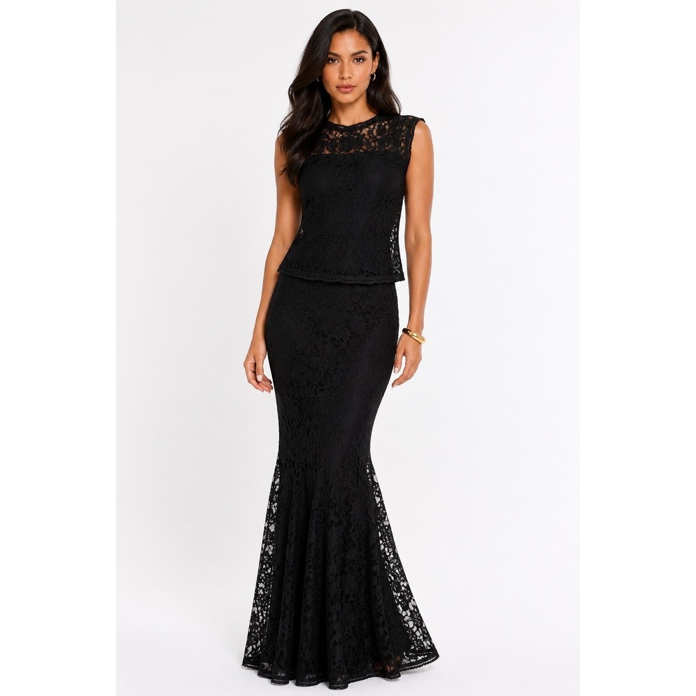 Anamaria Couture Black Floral Lace 2 Piece Set Sleeveless Top Maxi Skirt P S